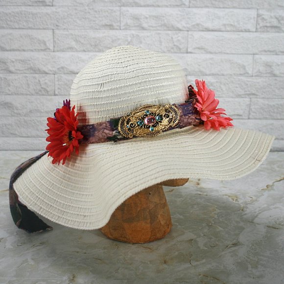 HAND CRAFTED Hat Upcycled Repurposed Silk Necktie Daisy White Derby Party Beach - Picture 3 of 11